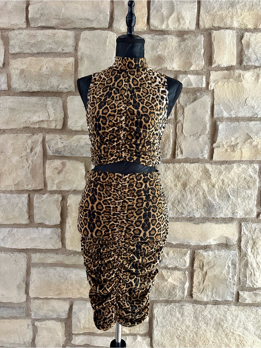 Leopard Print Two Piece Ruched Pencil Set-Brown